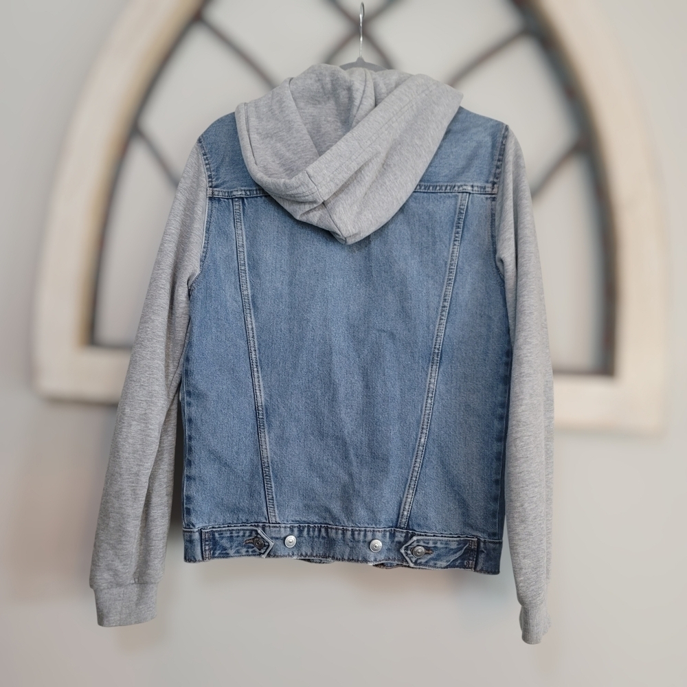 Divided Denim Jean Jacket, Cotton Stretch Hooded Sleeve Sweatshirt Gray, Sz S - Picture 3 of 3